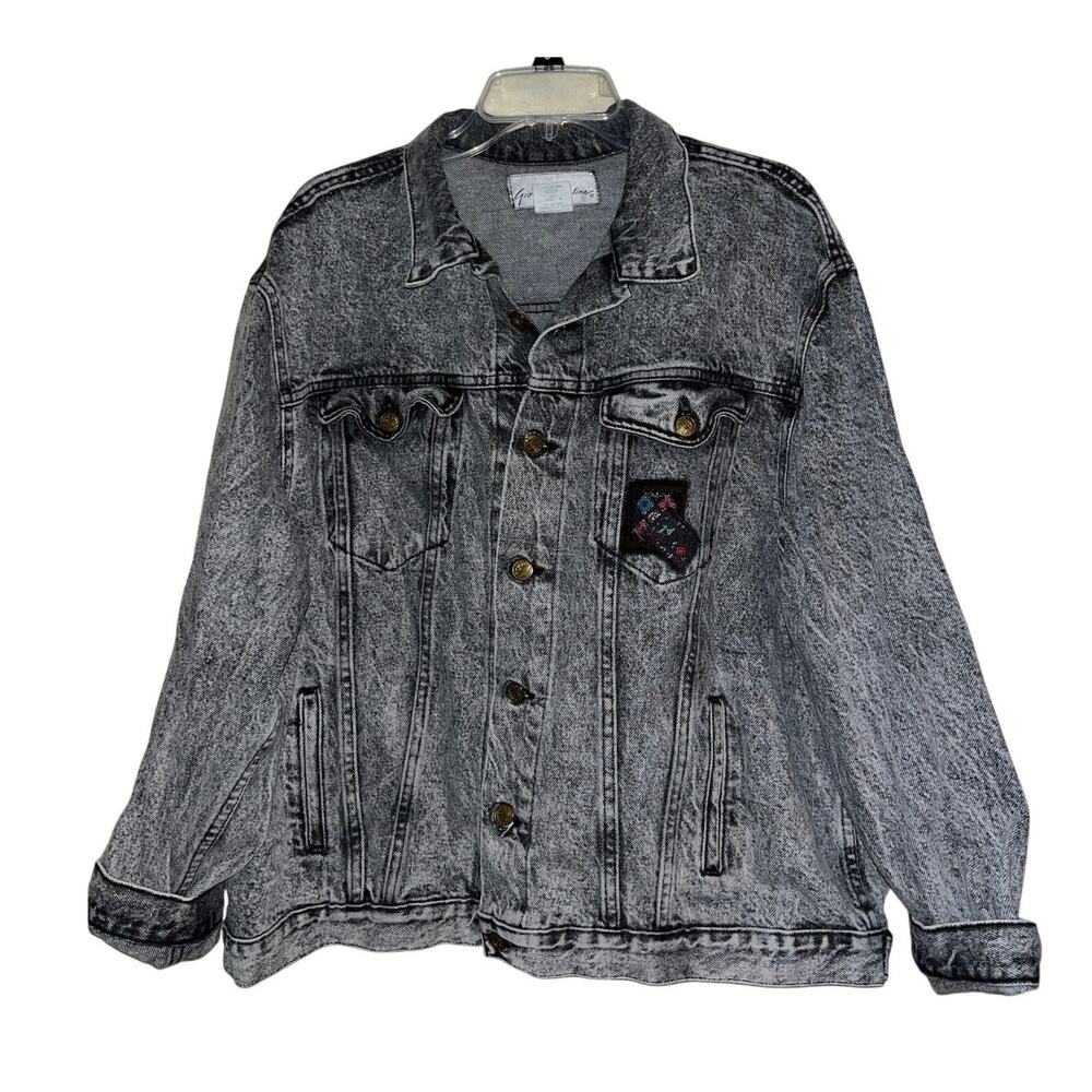 Vintage Oversized Gray Denim Jacket w/ Patches